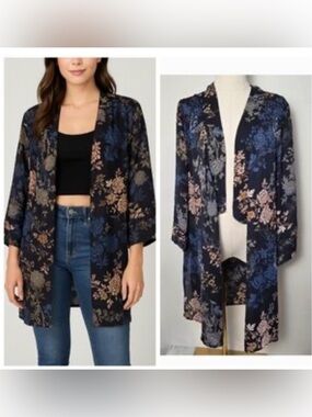 Tahari Black Floral Kimono Cardigan - size large